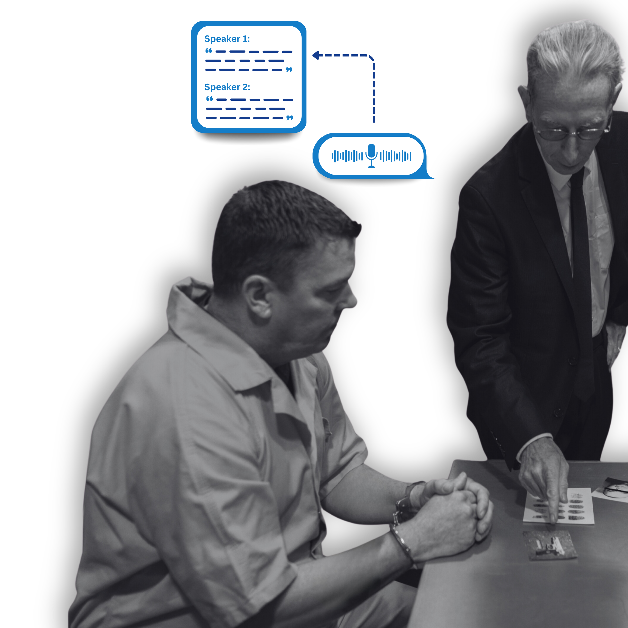 Image of a a guy sitting being interrogated by another guy in a suit