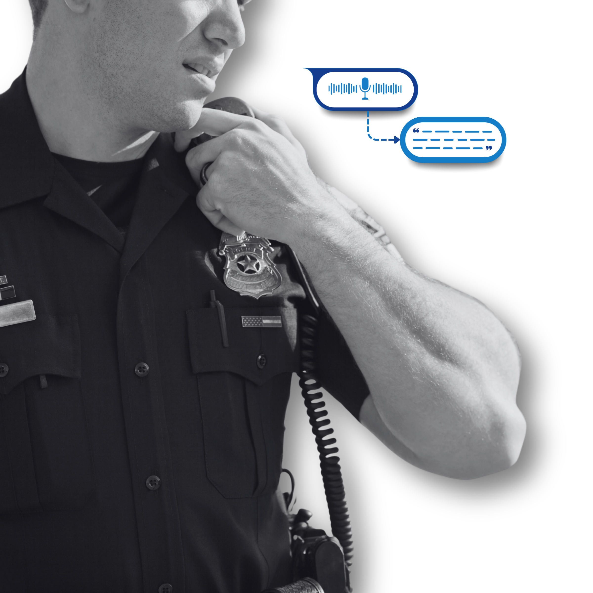Image of a police office with transcription bubbles
